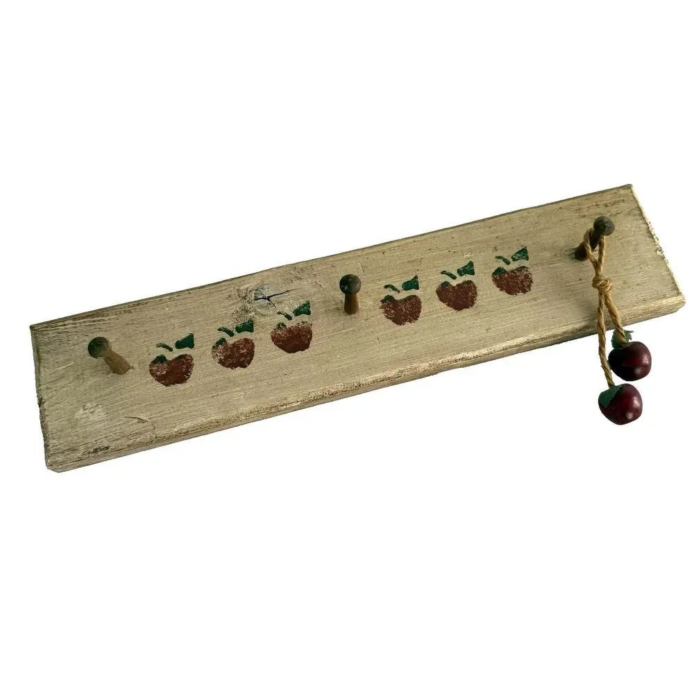 Vtg Apple Shelf 3 Hanging Pegs Distressed Wood Stenciled w Hanger Granny Cottage